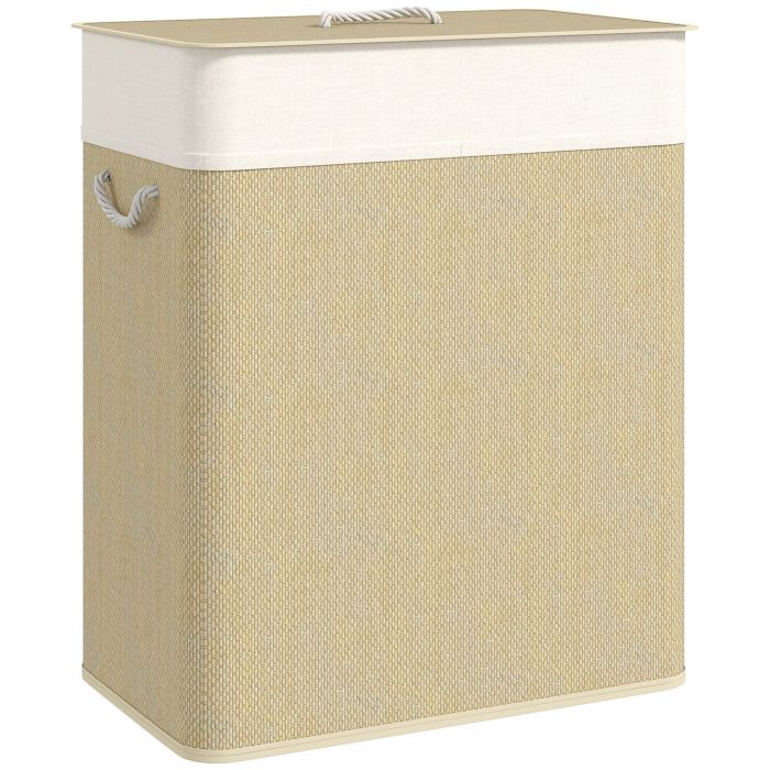 HERON Double Laundry Basket with Lid Bamboo Laundry Hamper Cream White