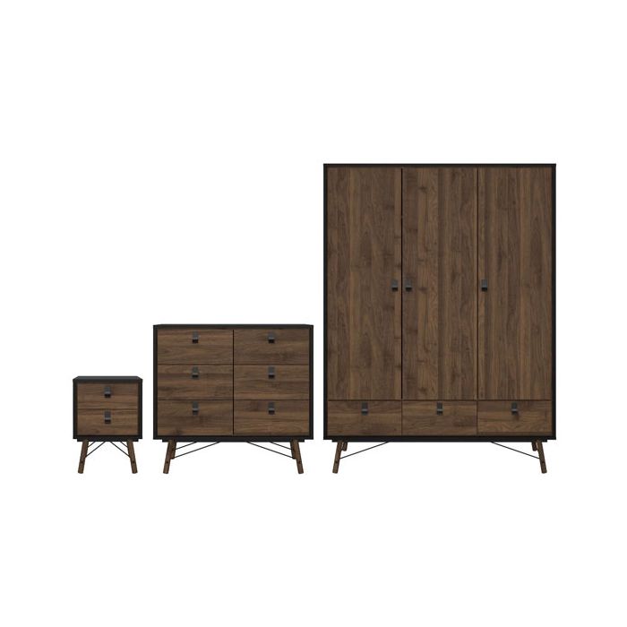 RYTON 3 Door Wardrobe Set 3 Piece - Matt Black and Walnut