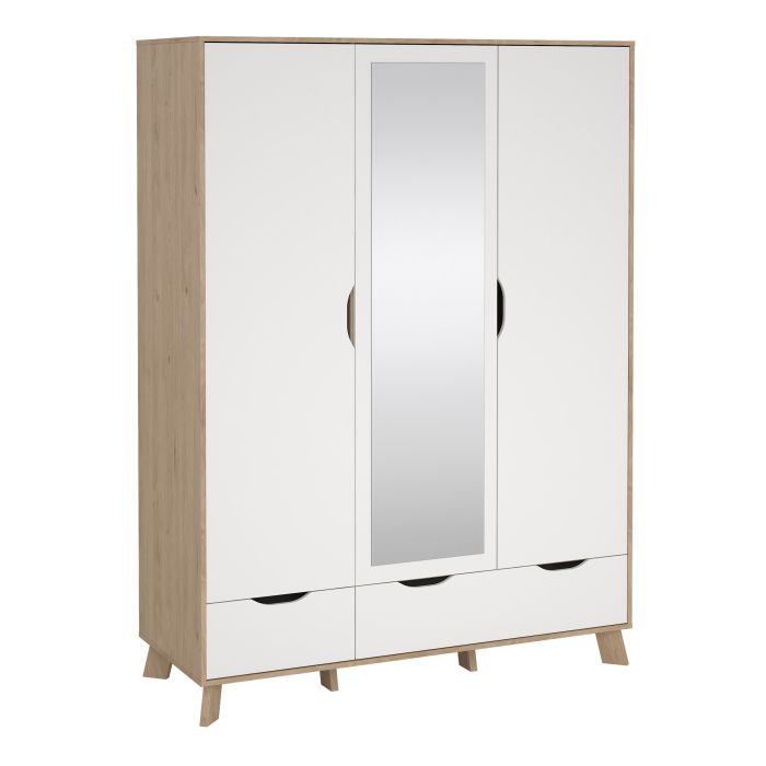 IKRON 3 Doors Mirrored Wardrobe with 2 Drawers Light Oak and White - 147cm