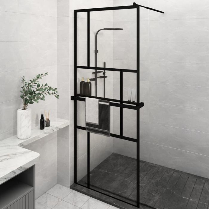 Walk-in Shower Wall with Shelf Black 80x195cm ESG Glass and Aluminium