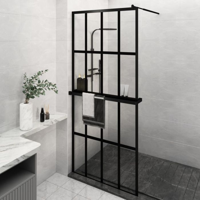 Walk-in Shower Wall with Shelf Black 90x195cm ESG Glass and Aluminium