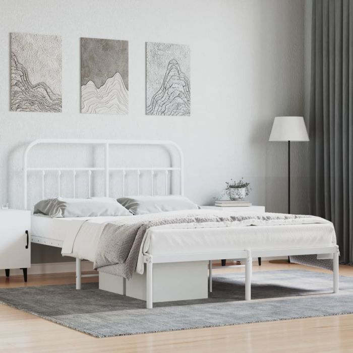 Metal Bed Frame with Headboard White 135x190 cm Double
