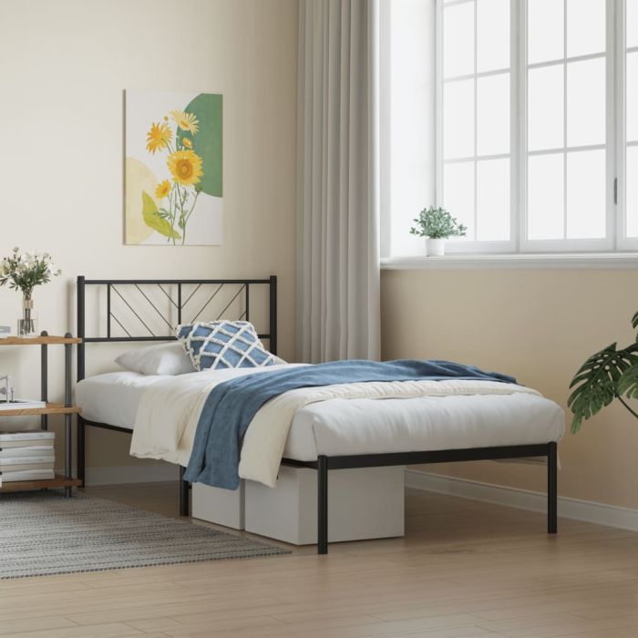Metal Bed Frame with Headboard Black 75x190 cm Small Single