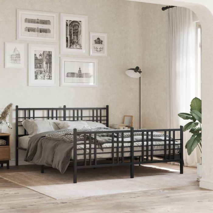 Metal Bedframe with Footboard Black 150x200cm