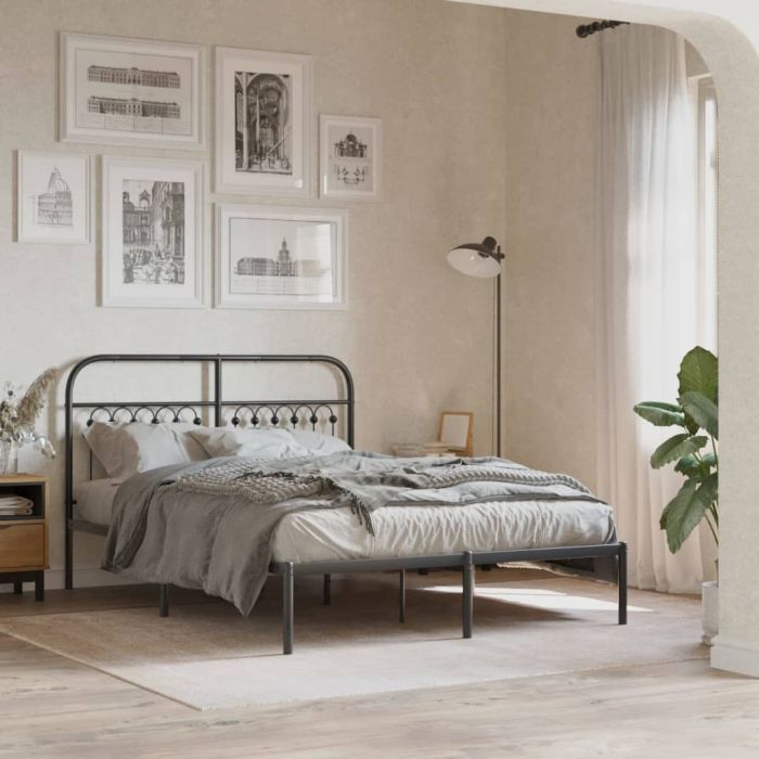 Metal Bedframe with Headboard Black 140x200cm