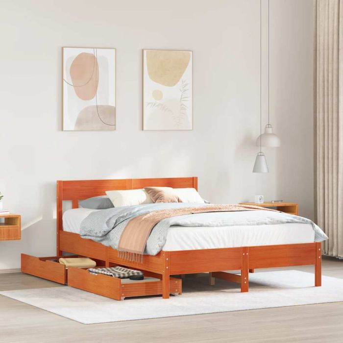 Bedframe Wax Brown 150x200cm King Size Solid Wood Pine