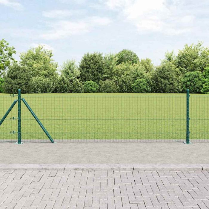 Welded Wire Fence with 13 Flanged Posts Green 0.4x100 m Steel