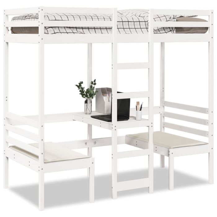 Loft Bedframe with Desk and Chairs White 90x190cm Solid Wood Pine