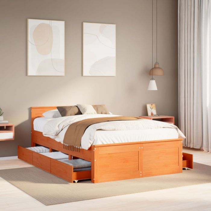Bedframe with Headboard Wax Brown 135x190cm Double Solid Wood Pine