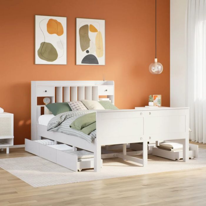 Bookcase Bed White 150x200cm King Solid Wood Pine