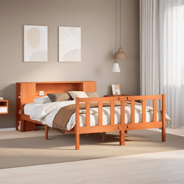 Bookcase Bed Wax Brown 150x200cm King Size Solid Wood