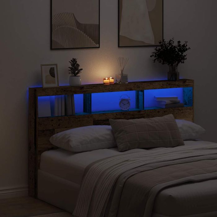 Headboard Cabinet with LED Old Wood 180x17x102 cm