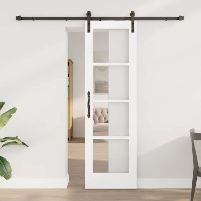Sliding Door with Hardware Set "ORKDAL" White Solid Wood & Glass
