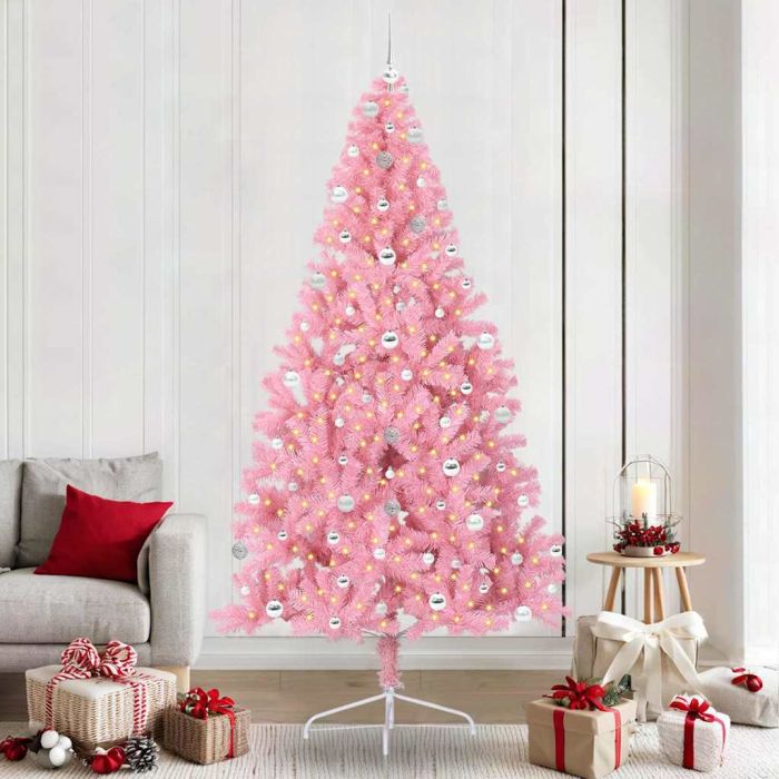 BRIWIN Artificial Pre-lit Christmas Tree with 300 LEDs Pink 240 cm PVC