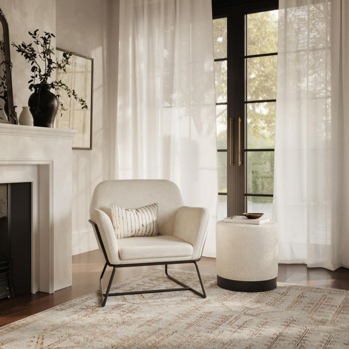 CHARIX Velvet Armchair with Small Pouffe Set - Beige and Gold