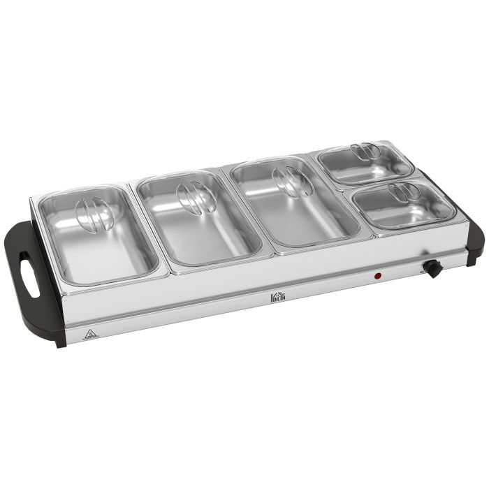 HERON Electric Food Warmer 5 Tray 9.2L Portable Buffet Server Silver Tone