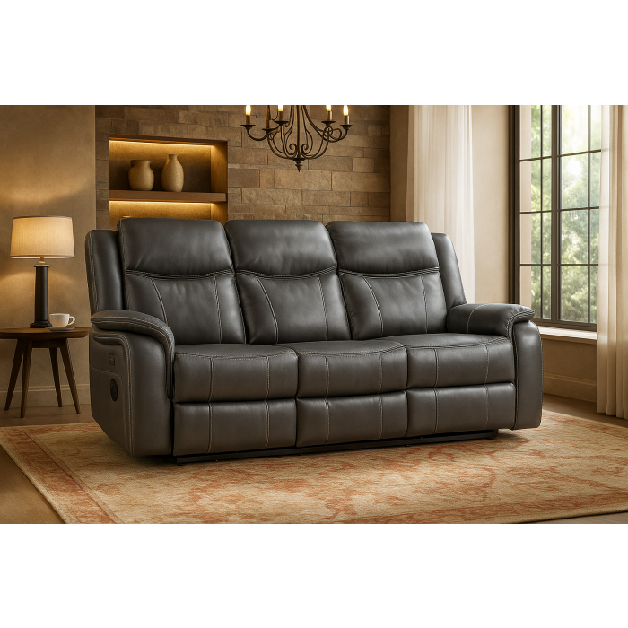 TECHLUXE Leather 3 Seater Recliner Sofa - Dark Grey