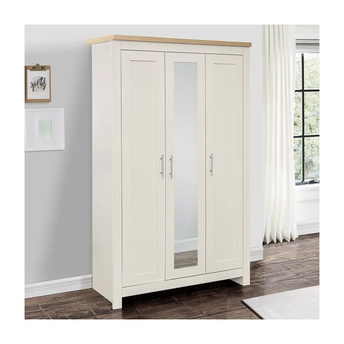HEINZ 3 Door Mirrored Wardrobe Cream and Oak Effect - 112cm