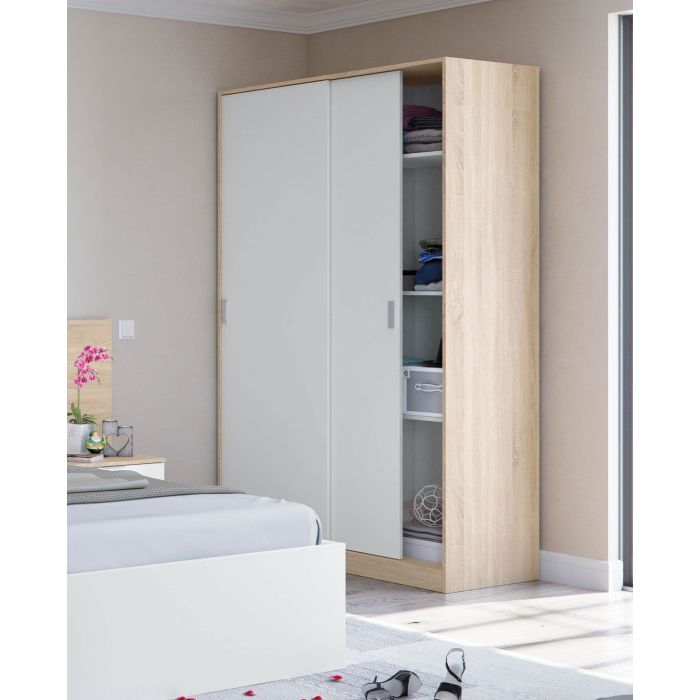 DIRHAM 2 Door Sliding Wardrobe White and Oak - 120cm