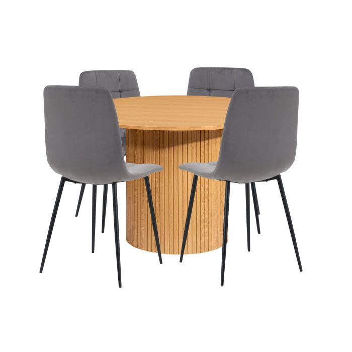 AUREN Fluted Round Dining Table with 4 Fabric Chairs - Oak