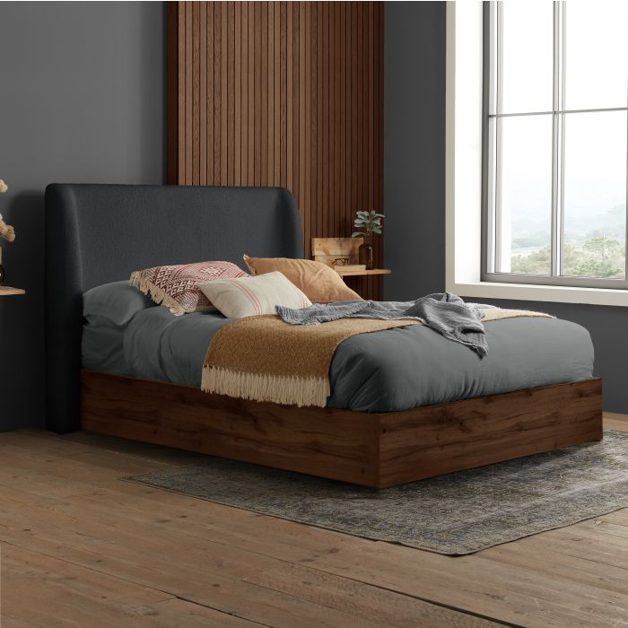 THALDEN Kingsize Wooden Ottoman Storage Bedframe - Dark Oak with Grey