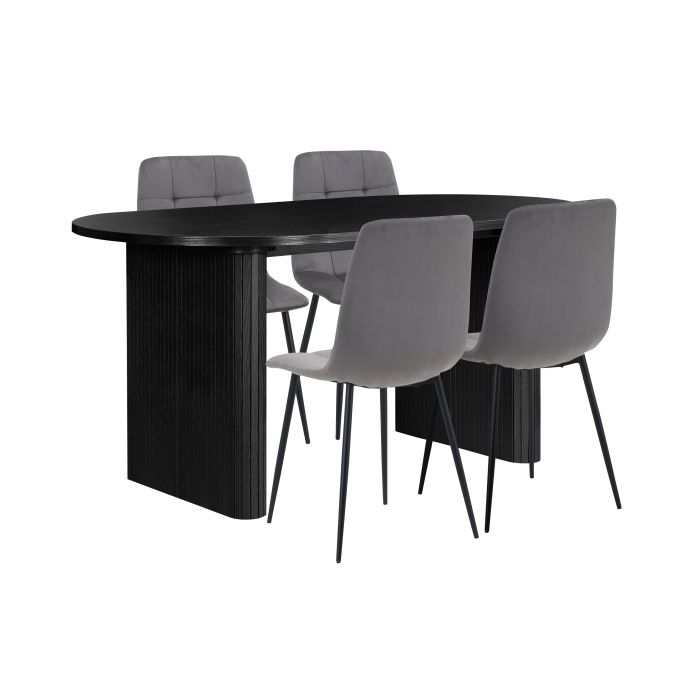 AUREN Fluted Oval Dining Table with 4 Fabric Chairs - Black