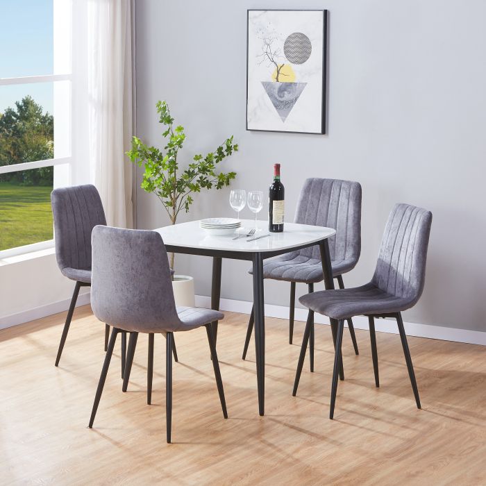 NEXO Sintered Stone Square Dining Table with 4 Straight Stitch Fabric Chairs - Gloss White with Grey