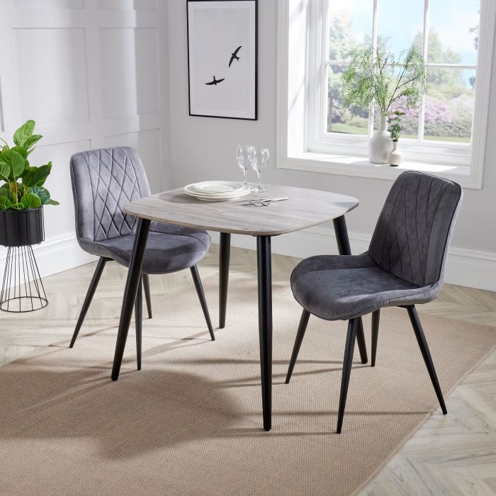 NEXO Square Dining Table with 2 Diamond Stitch Fabric Chairs - Grey Oak with Grey