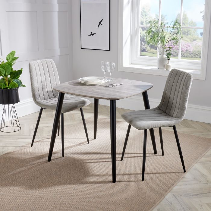 NEXO Square Dining Table with 2 Straight Stitch Fabric Chairs - Grey Oak with Light Grey