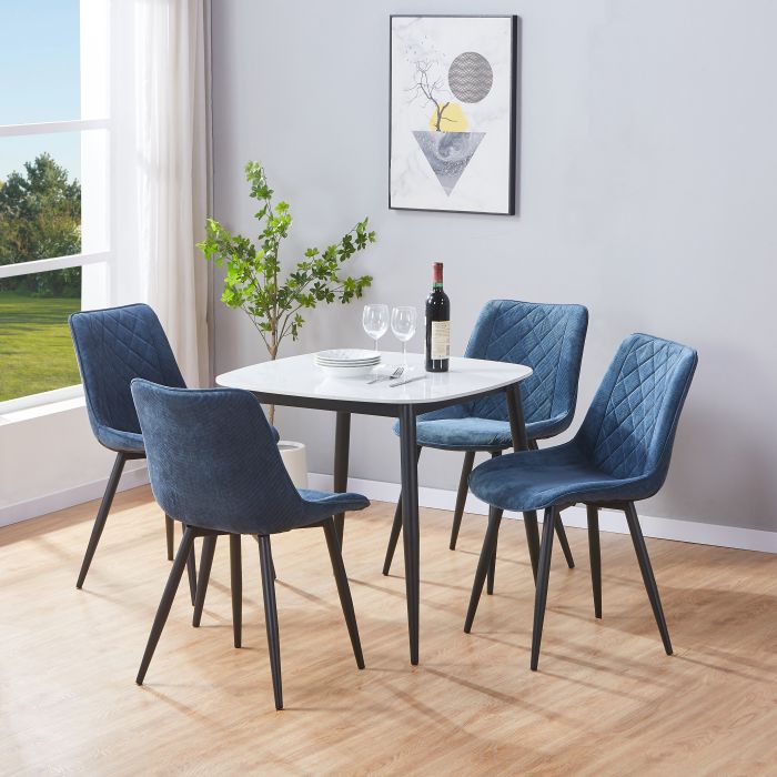 NEXO Sintered Stone Square Dining Table with 4 Cord Diamond Stitch Fabric Chairs - Gloss White with Blue