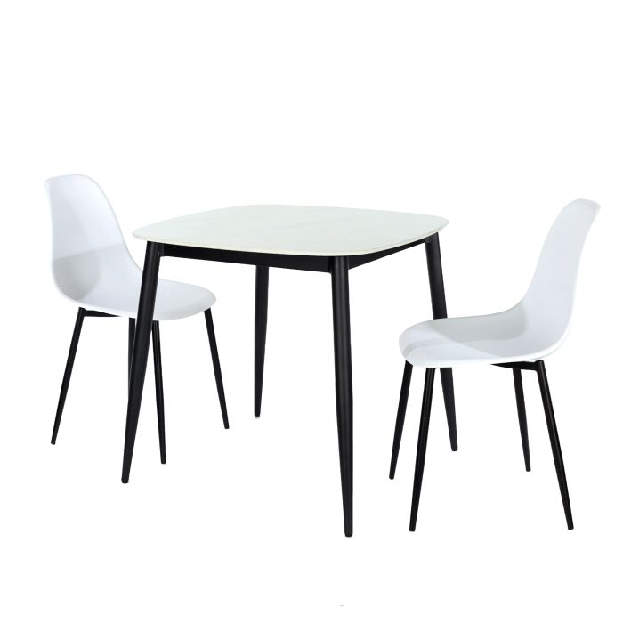 NEXO Sintered Stone Square Dining Table with 2 Curve Plastic Chairs - Gloss White with Gloss White