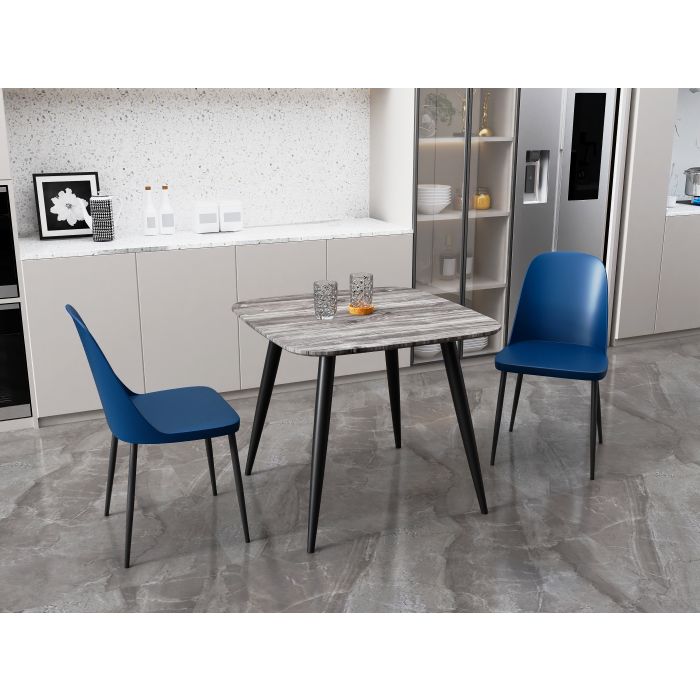 NEXO Square Dining Table with 2 Duo Plastic Chairs - Grey Oak with Blue