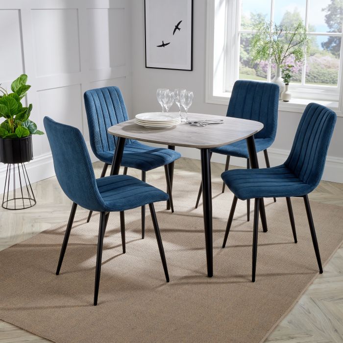 NEXO Square Dining Table with 4 Straight Stitch Fabric Chairs - Grey Oak with Blue