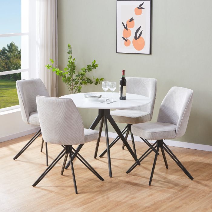 ASHES Round Wood Dining Table with 4 Swivel Fabric Chairs Set - White, 100