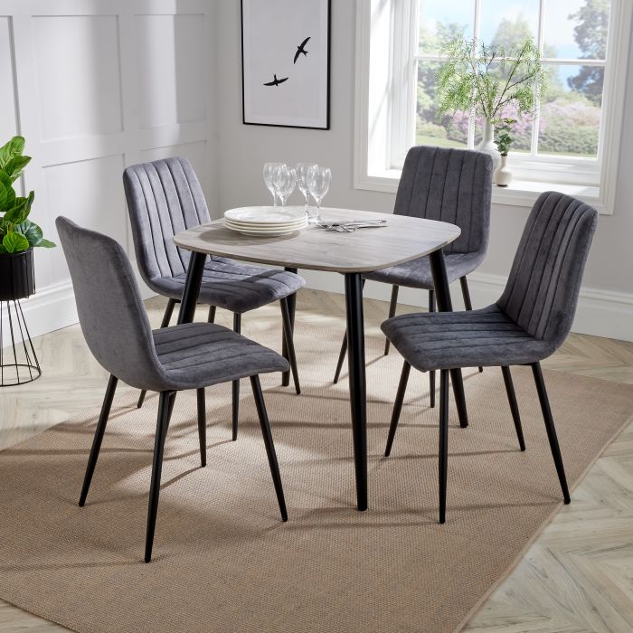 NEXO Square Dining Table with 4 Straight Stitch Fabric Chairs - Grey Oak with Grey