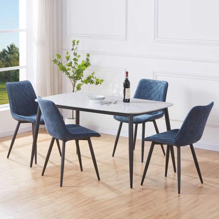 NEXO Sintered Stone Rectangular Dining Table with 4 Cord Diamond Stitch Fabric Chairs - Blue