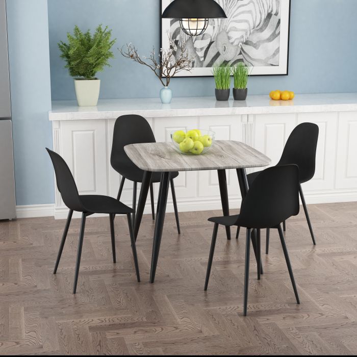 NEXO Square Dining Table with 4 Curve Plastic Chairs - Grey Oak with Black