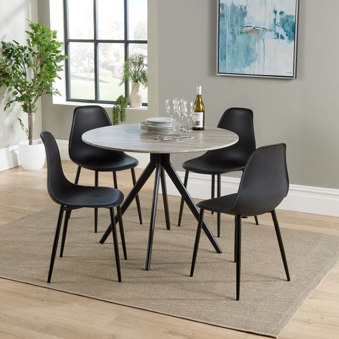 NEXO Round Dining Table with 4 Curve Plastic Chairs - Grey Oak with Black