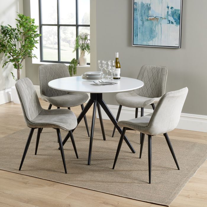 NEXO Round Dining Table with 4 Diamond Stitch Fabric Chairs - White with Light Grey