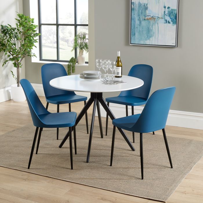 NEXO Round Dining Table with 4 Duo Plastic Chairs - White with Blue