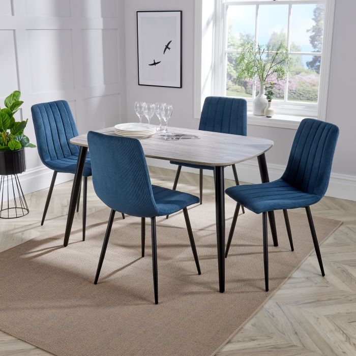 NEXO Rectangular Dining Table with 4 Straight Stitch Fabric Chairs - Grey Oak with Blue