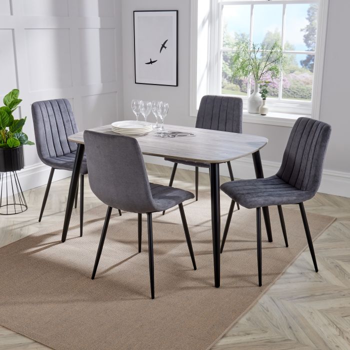 NEXO Rectangular Dining Table with 4 Straight Stitch Fabric Chairs - Grey Oak with Grey