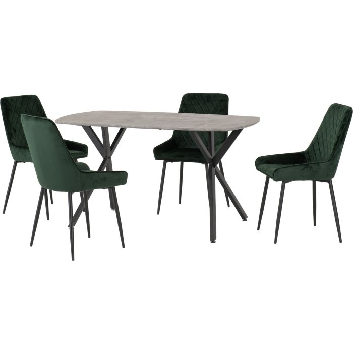 Athens Rectangular Dining Set with Avery Chairs - Concrete Effect Black Emerald Green Velvet