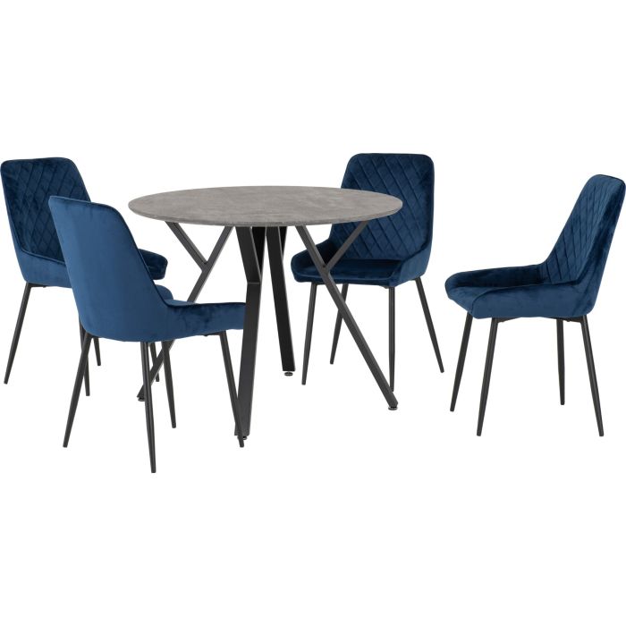 Athens Round Dining Set with Avery Chairs - Concrete Effect Black Sapphire Blue Velvet