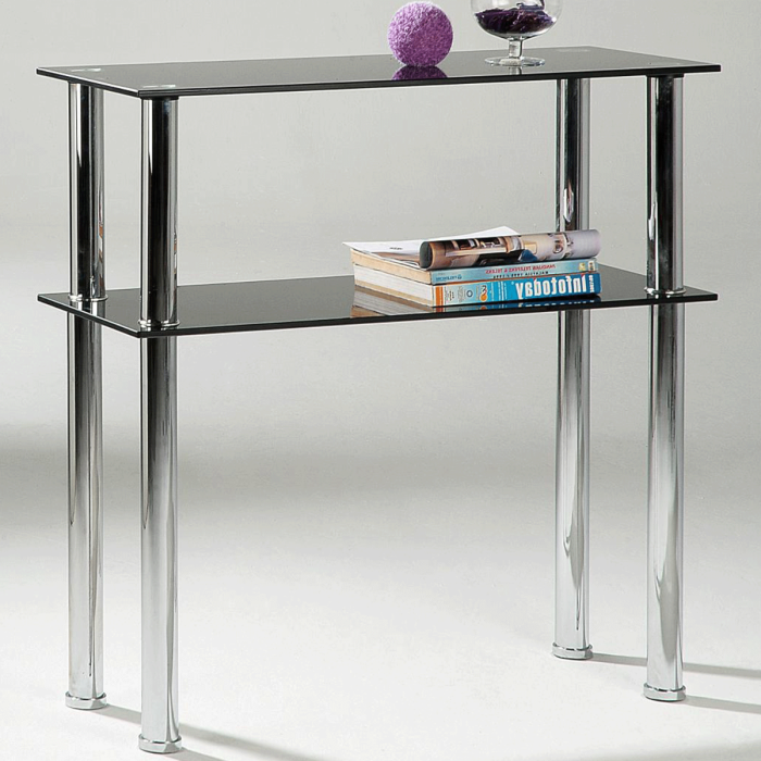 Beverley Tall Stainless Steel Stand Black Hall Unit with Glass Top - 2 Tier Shelves