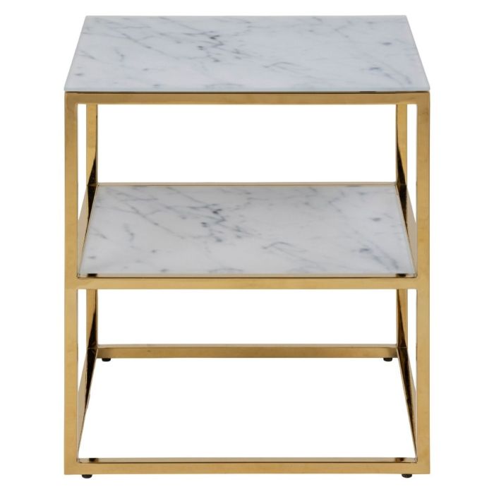 WINDALE Bedside Table with Marble Glass Top and Gold Base - White and Gold