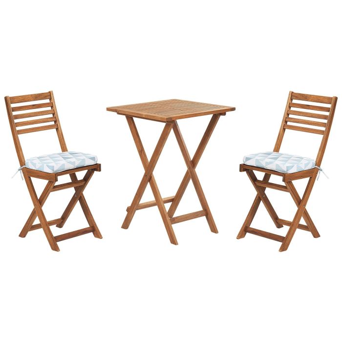 Acacia Wood Garden Bistro Set with Blue Triangles Cushions FIJI