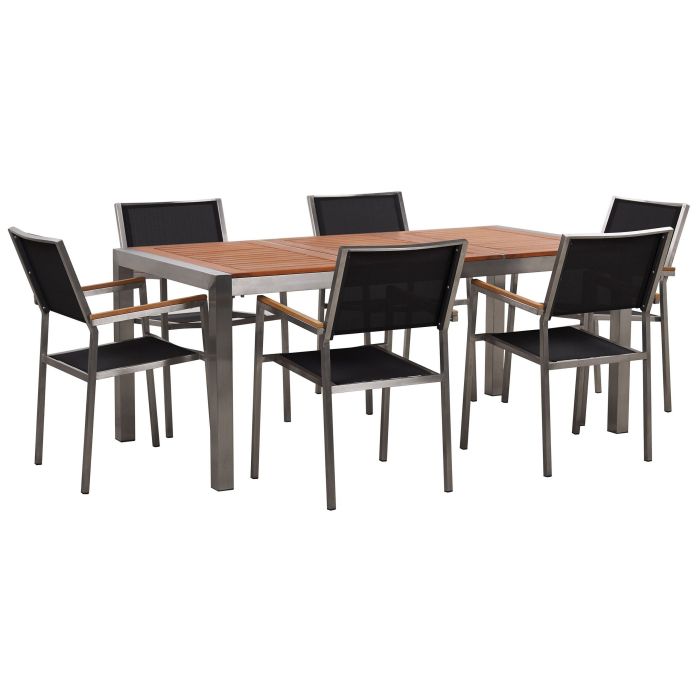 6 Seater Garden Dining Set Eucalyptus Wood Top with Black Chairs GROSSETO
