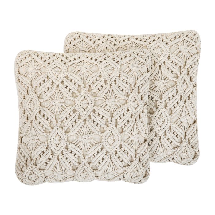Set of 2 Cotton Macrame Cushions 45x45cm Light Beige
