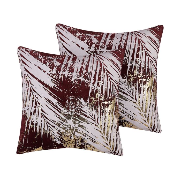 Set of 2 Velvet Cushions Leaf Pattern 45x45cm Burgundy